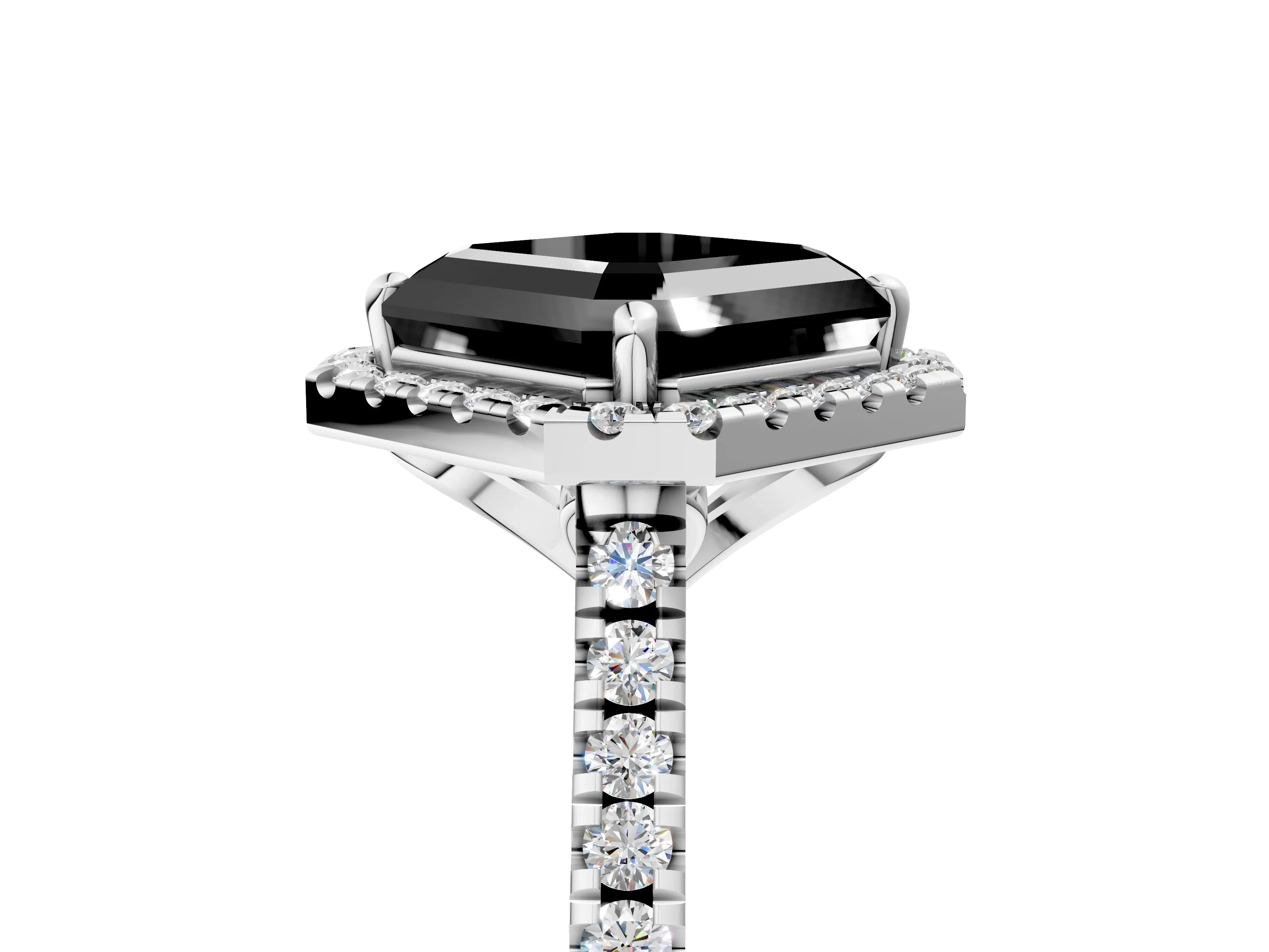 White gold Fancy Black Asscher Cut Diamond Cushion Halo Ring with Pavé Band_17
