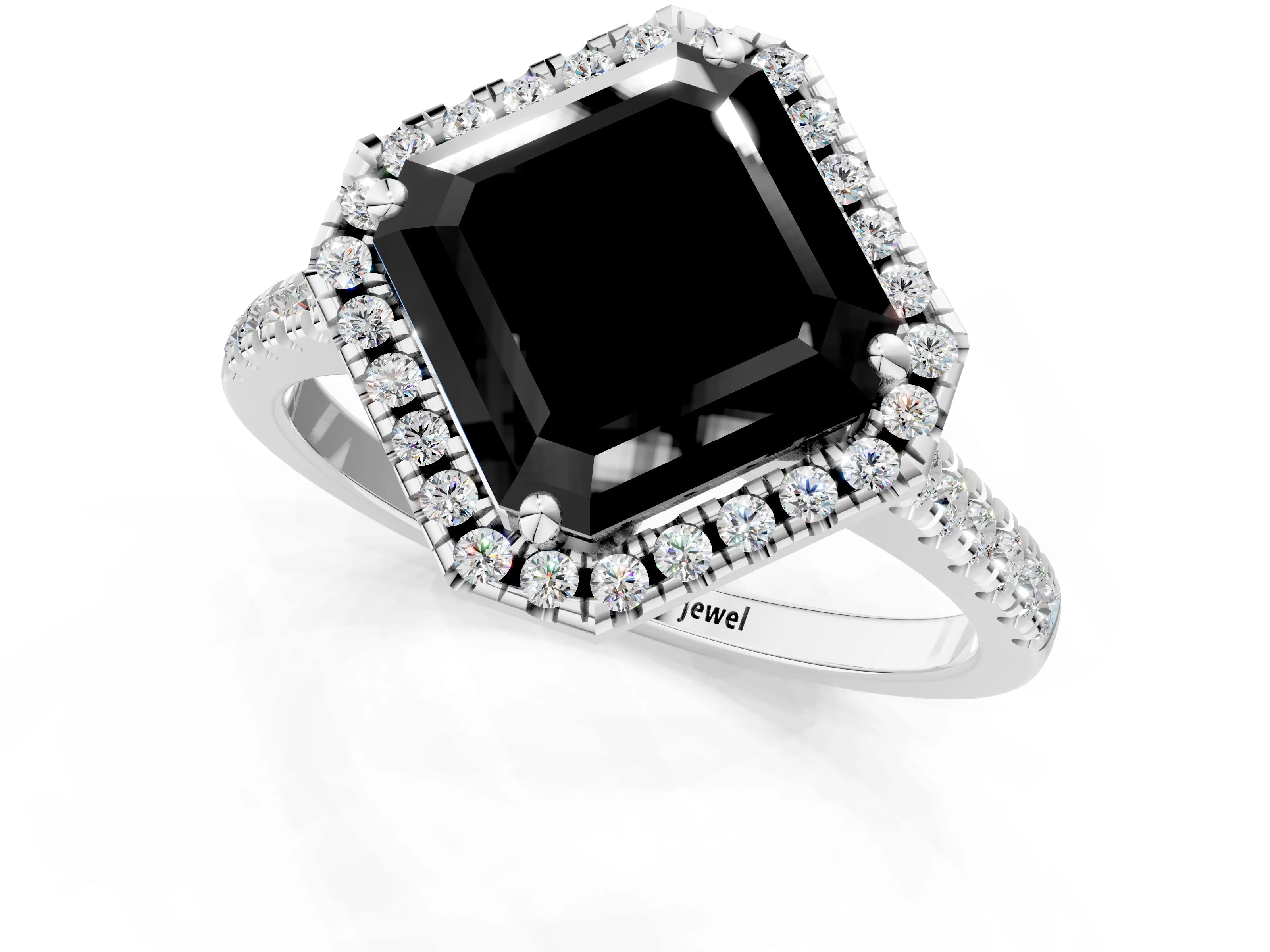 White gold Fancy Black Asscher Cut Diamond Cushion Halo Ring with Pavé Band_1
