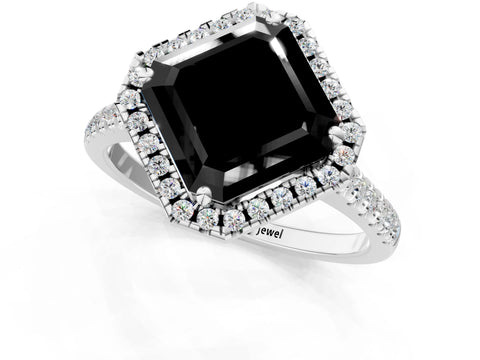 White gold Fancy Black Asscher Cut Diamond Cushion Halo Ring with Pavé Band_1