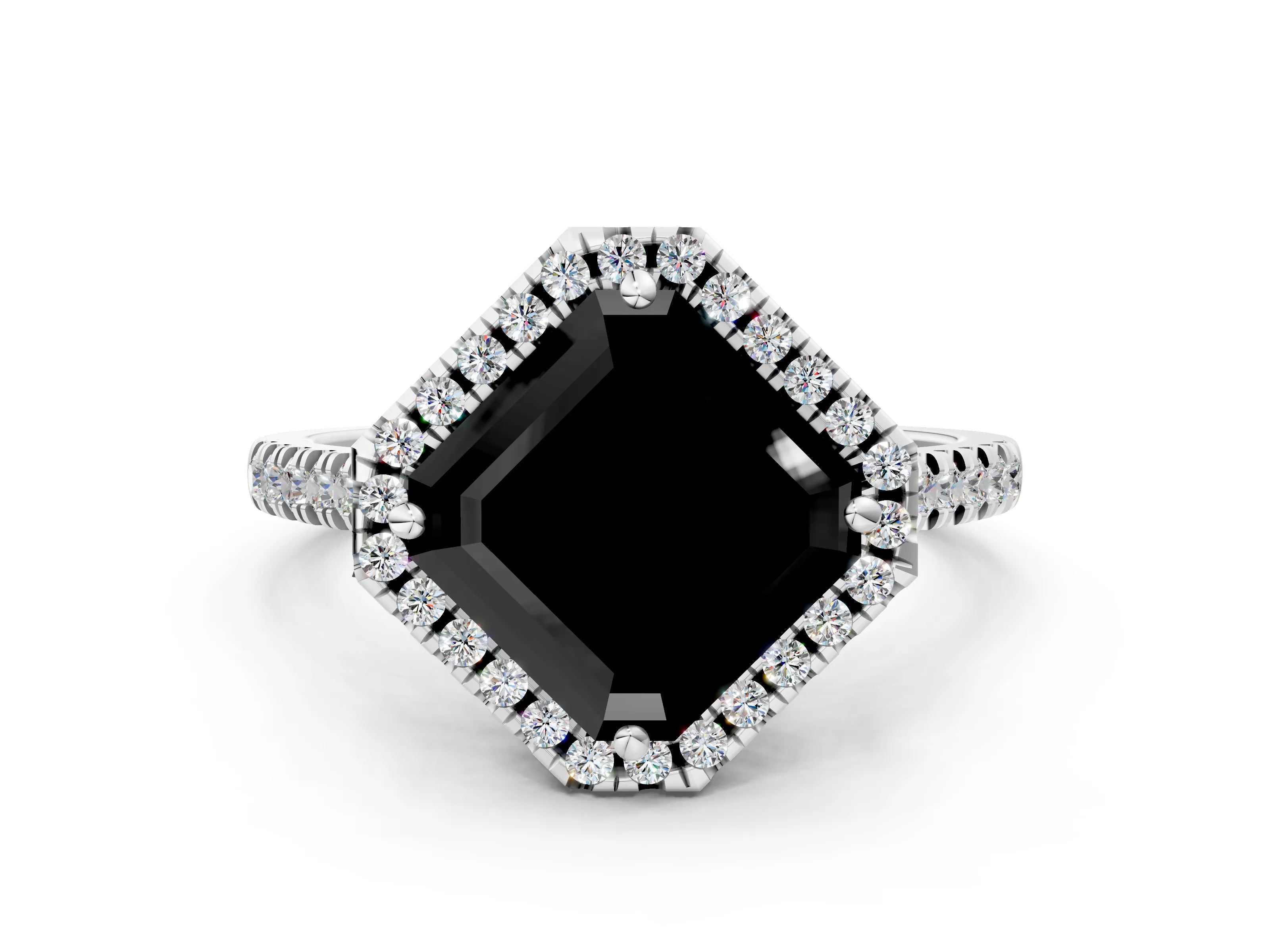 White gold Fancy Black Asscher Cut Diamond Cushion Halo Ring with Pavé Band