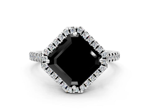 White gold Fancy Black Asscher Cut Diamond Cushion Halo Ring with Pavé Band