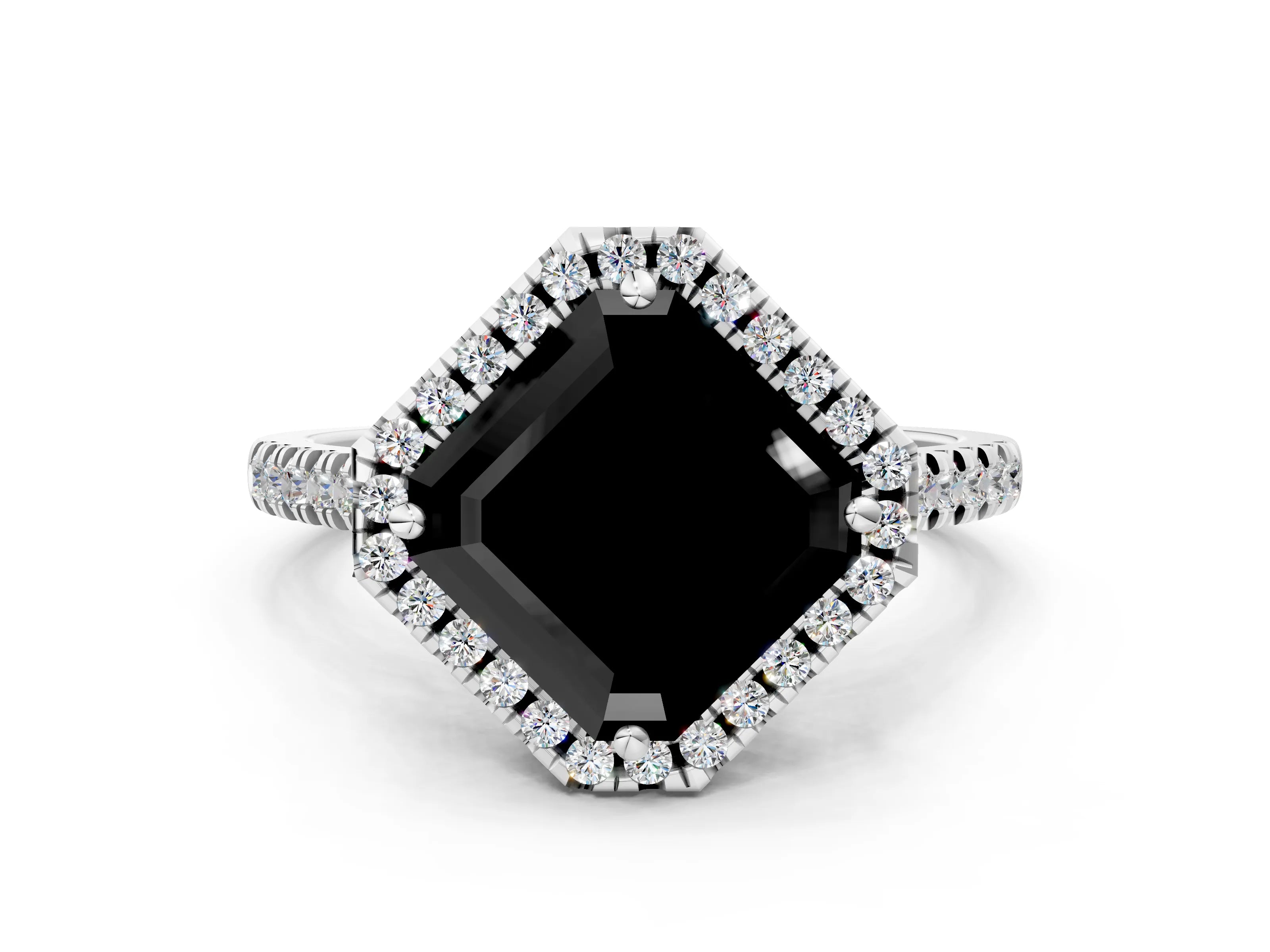 White gold Fancy Black Asscher Cut Diamond Cushion Halo Ring with Pavé Band_24