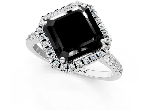 White gold Fancy Black Asscher Cut Diamond Cushion Halo Ring with Pavé Band_25