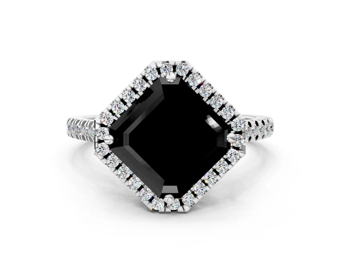 White gold Fancy Black Asscher Cut Diamond Cushion Halo Ring with Pavé Band_36