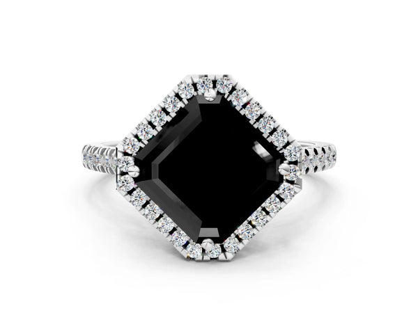 White Gold Asscher Cut Contoured Halo Pave Engagement Ring Setting for Black Center