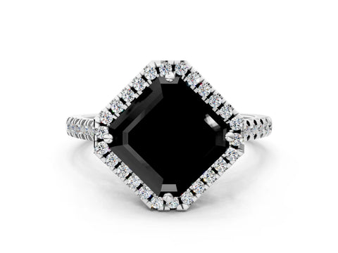 White gold Fancy Black Asscher Cut Diamond Cushion Halo Ring with Pavé Band_36
