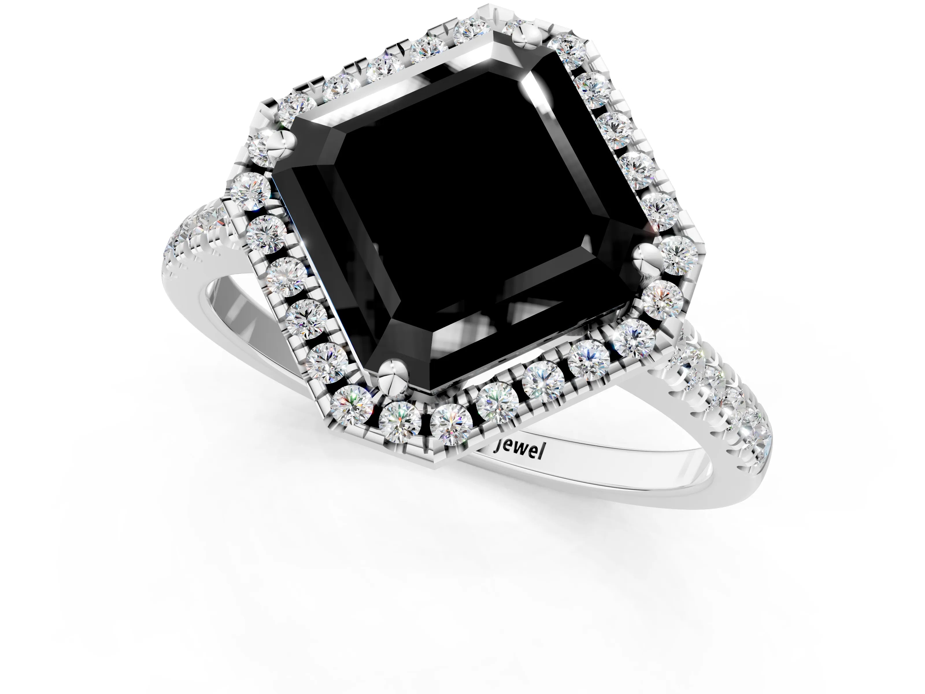 White gold Fancy Black Asscher Cut Diamond Cushion Halo Ring with Pavé Band_37