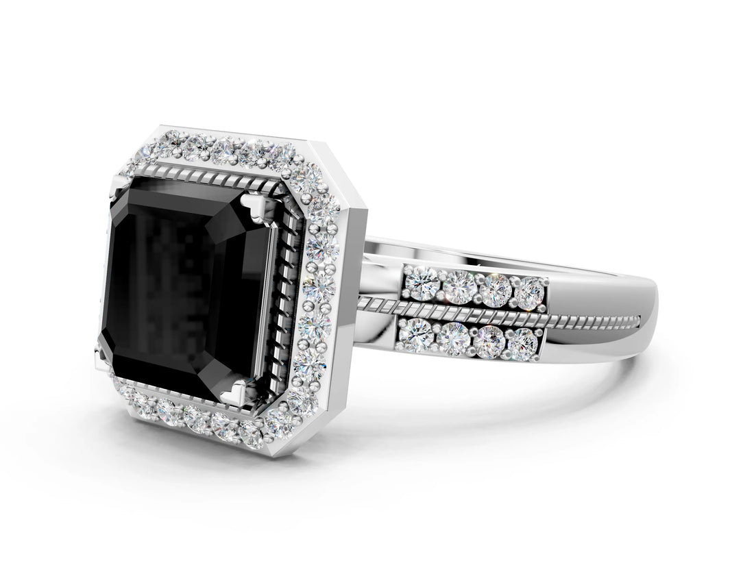 White gold Fancy Black Asscher Cut Diamond Double Halo Ring with Split Shank and Four-Prong Setting_12