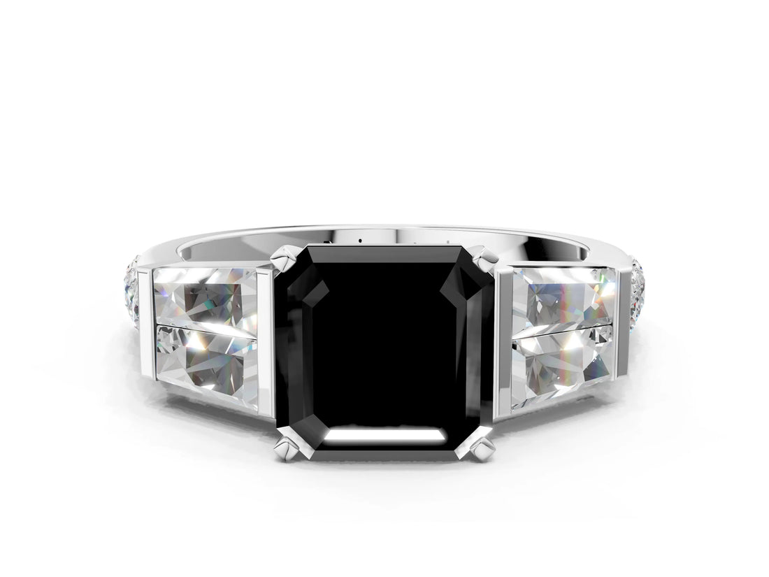 White gold Fancy Black Asscher Cut Diamond Engagement Ring with Baguette Side Stones and Channel Set Band_12