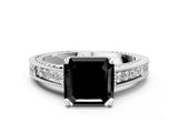 White gold Fancy Black Asscher Cut Diamond Engagement Ring with Milgrain Channel Set Band and Prong Setting