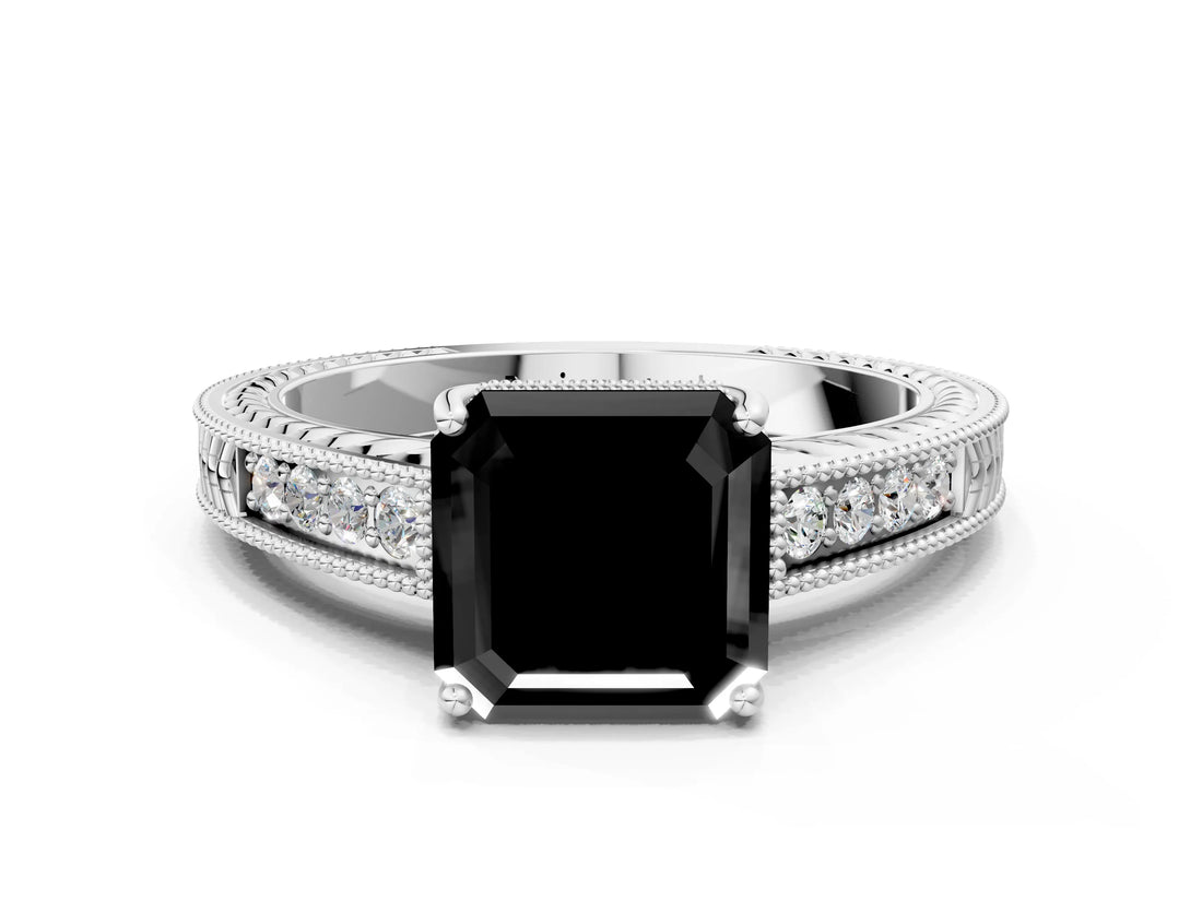 White gold Fancy Black Asscher Cut Diamond Engagement Ring with Milgrain Channel Set Band and Prong Setting