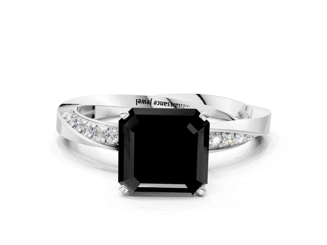 White gold Fancy Black Asscher Cut Diamond Engagement Ring with Side Stone Accents and Four-Prong Setting_24