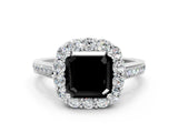 White gold Fancy Black Asscher Cut Diamond Floral Halo Ring with Pavé Band and Prong Setting_7