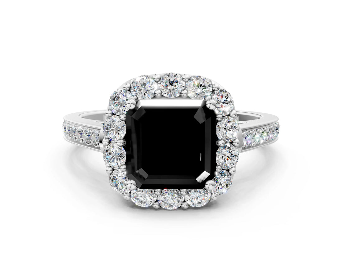 White gold Fancy Black Asscher Cut Diamond Floral Halo Ring with Pavé Band and Prong Setting_7