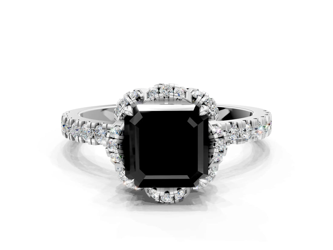 White gold Fancy Black Asscher Cut Diamond Halo Pave Band with Four-Prong Setting_27