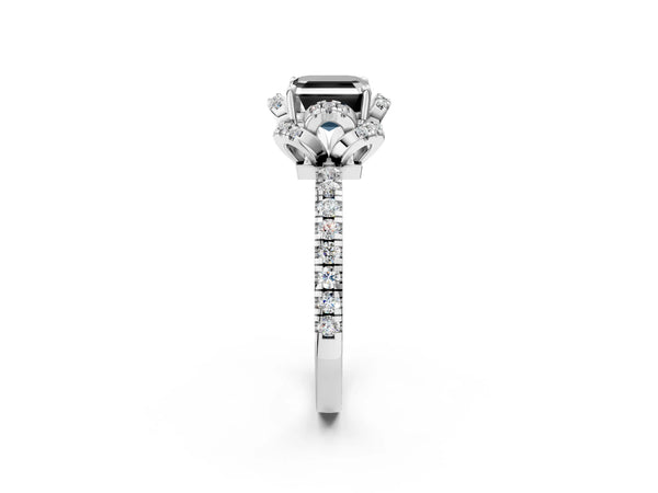 Platinum Asscher Cut Four Petal Floral Halo Engagement Ring Setting for Black Center