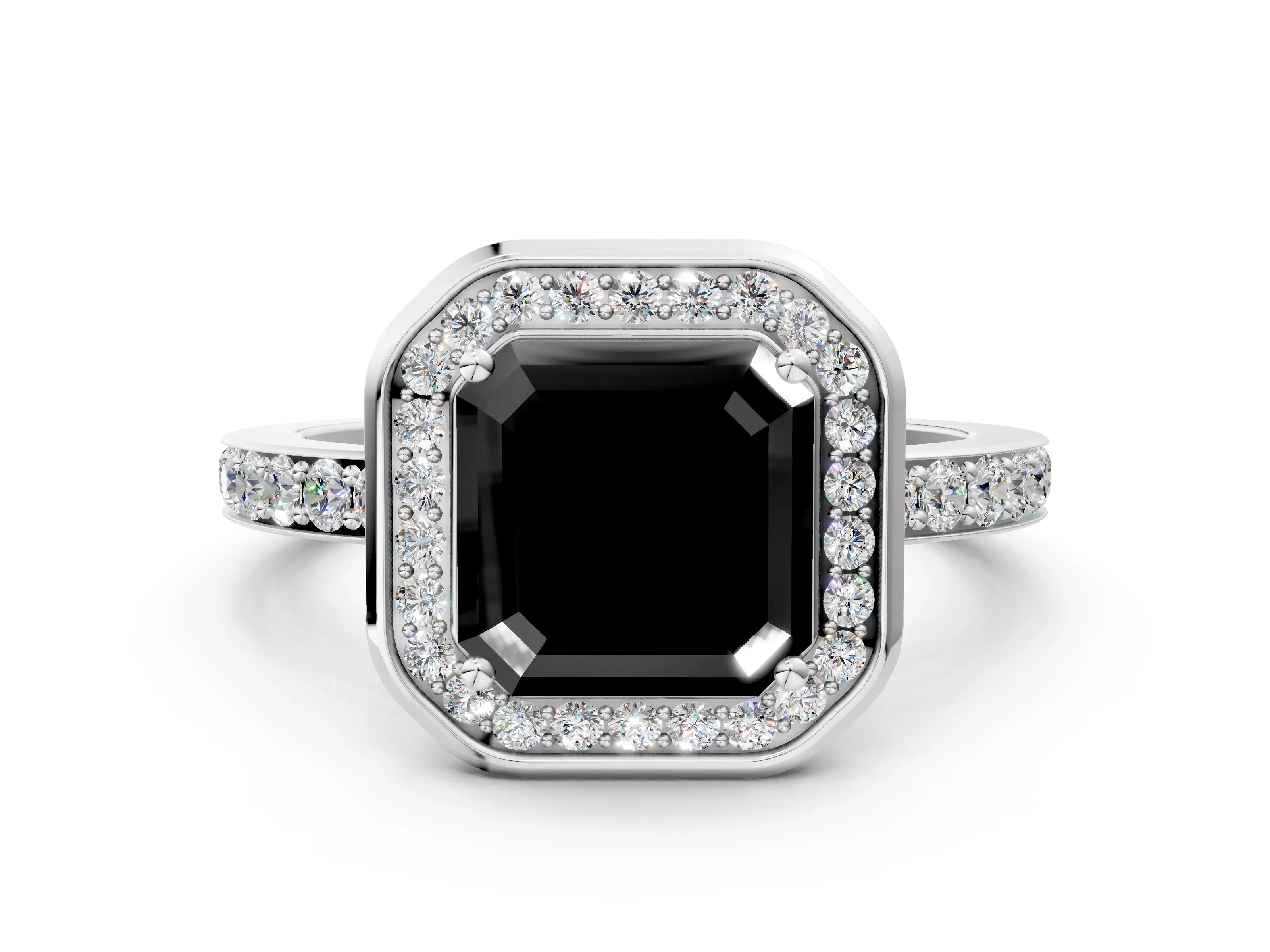 White gold Fancy Black Asscher Cut Diamond Halo Ring with Bezel Frame and Pavé Band