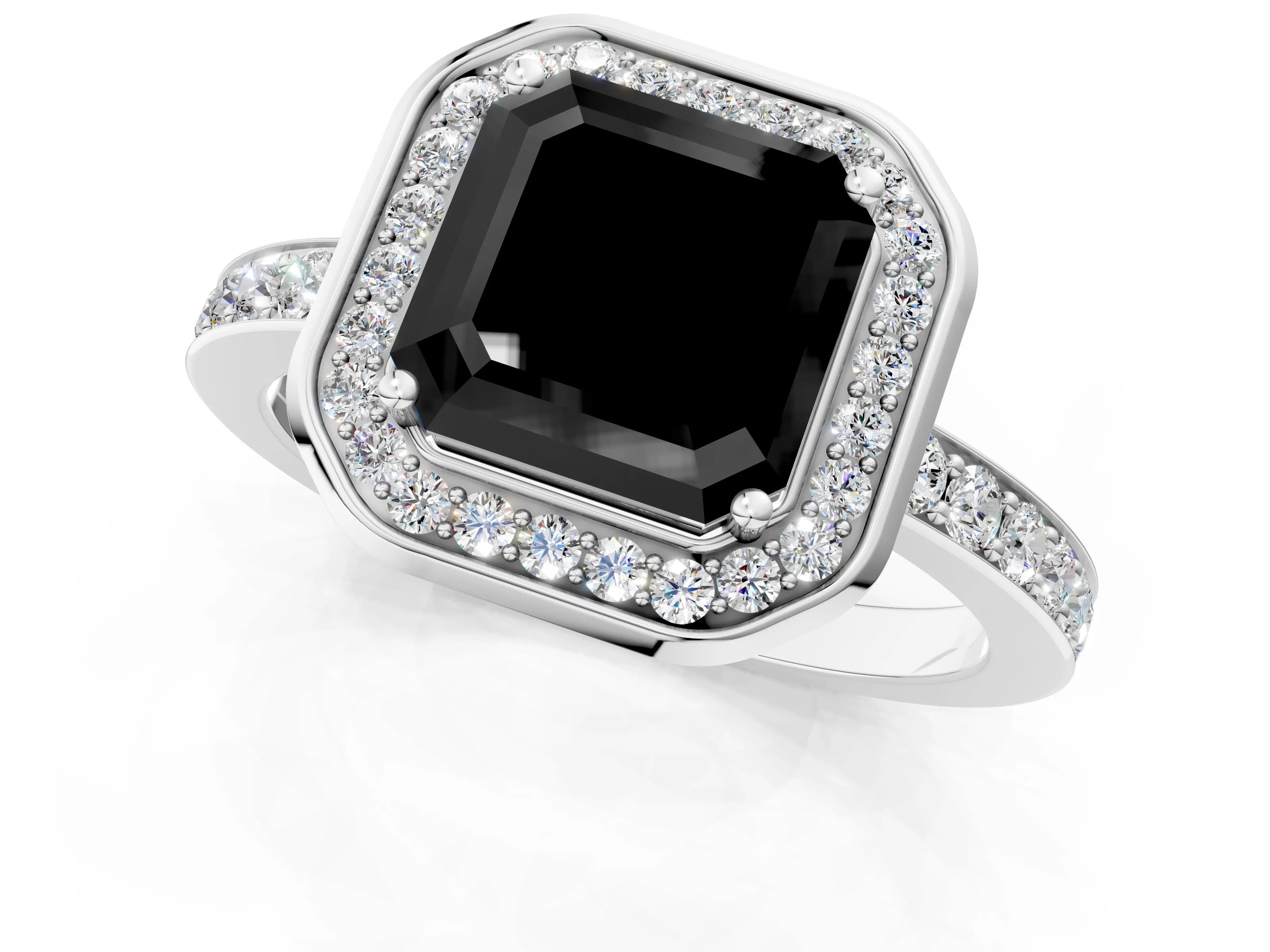 White gold Fancy Black Asscher Cut Diamond Halo Ring with Bezel Frame and Pavé Band_1