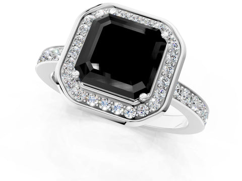 White gold Fancy Black Asscher Cut Diamond Halo Ring with Bezel Frame and Pavé Band_1