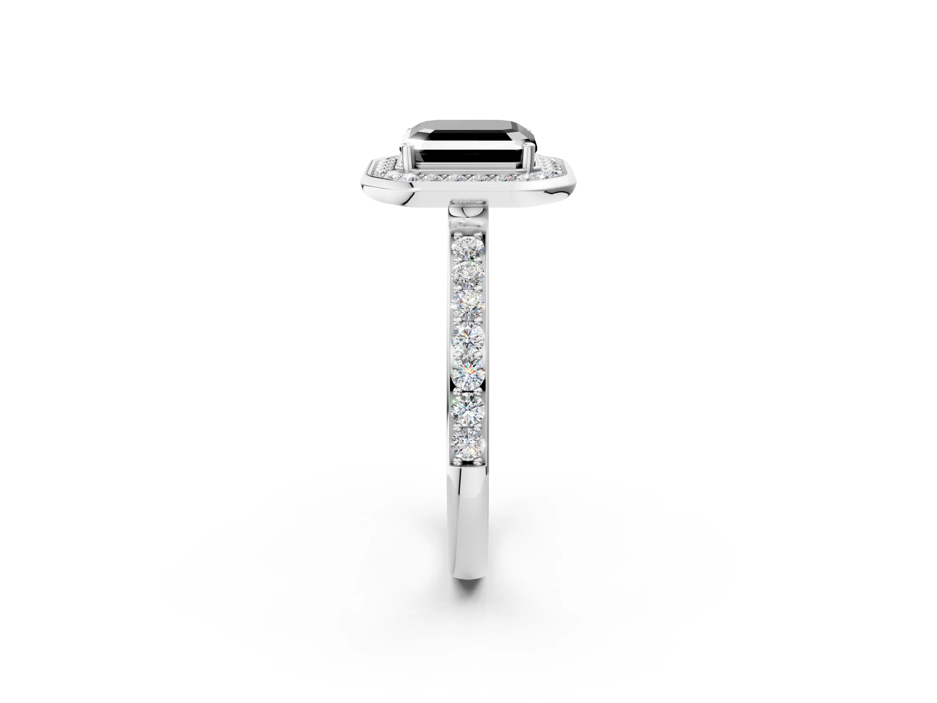 White gold Fancy Black Asscher Cut Diamond Halo Ring with Bezel Frame and Pavé Band_2
