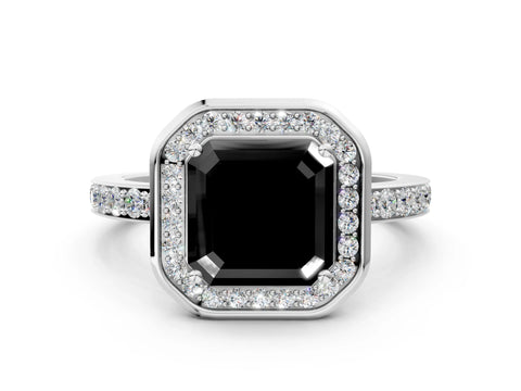 White gold Fancy Black Asscher Cut Diamond Halo Ring with Bezel Frame and Pavé Band