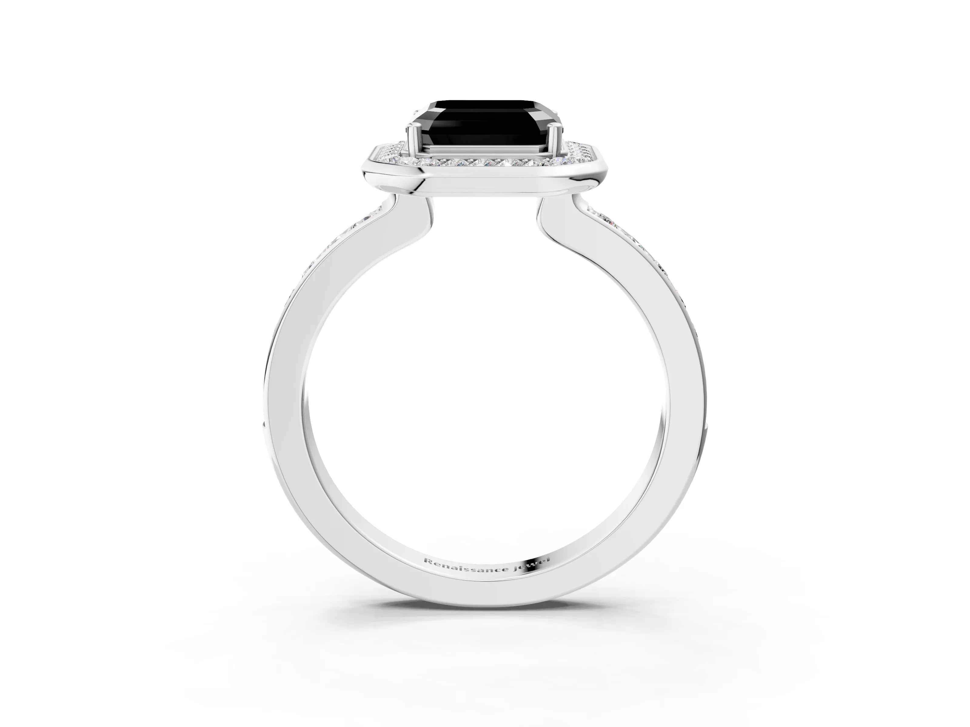 White gold Fancy Black Asscher Cut Diamond Halo Ring with Bezel Frame and Pavé Band_3