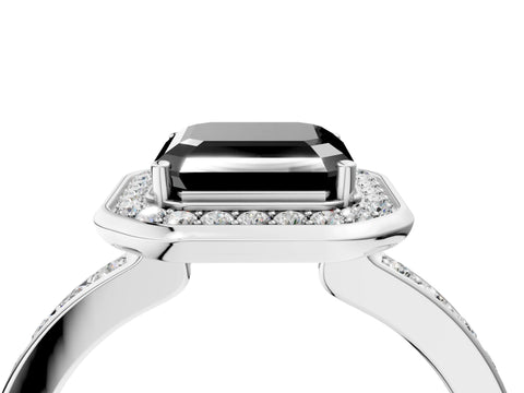 White gold Fancy Black Asscher Cut Diamond Halo Ring with Bezel Frame and Pavé Band_4