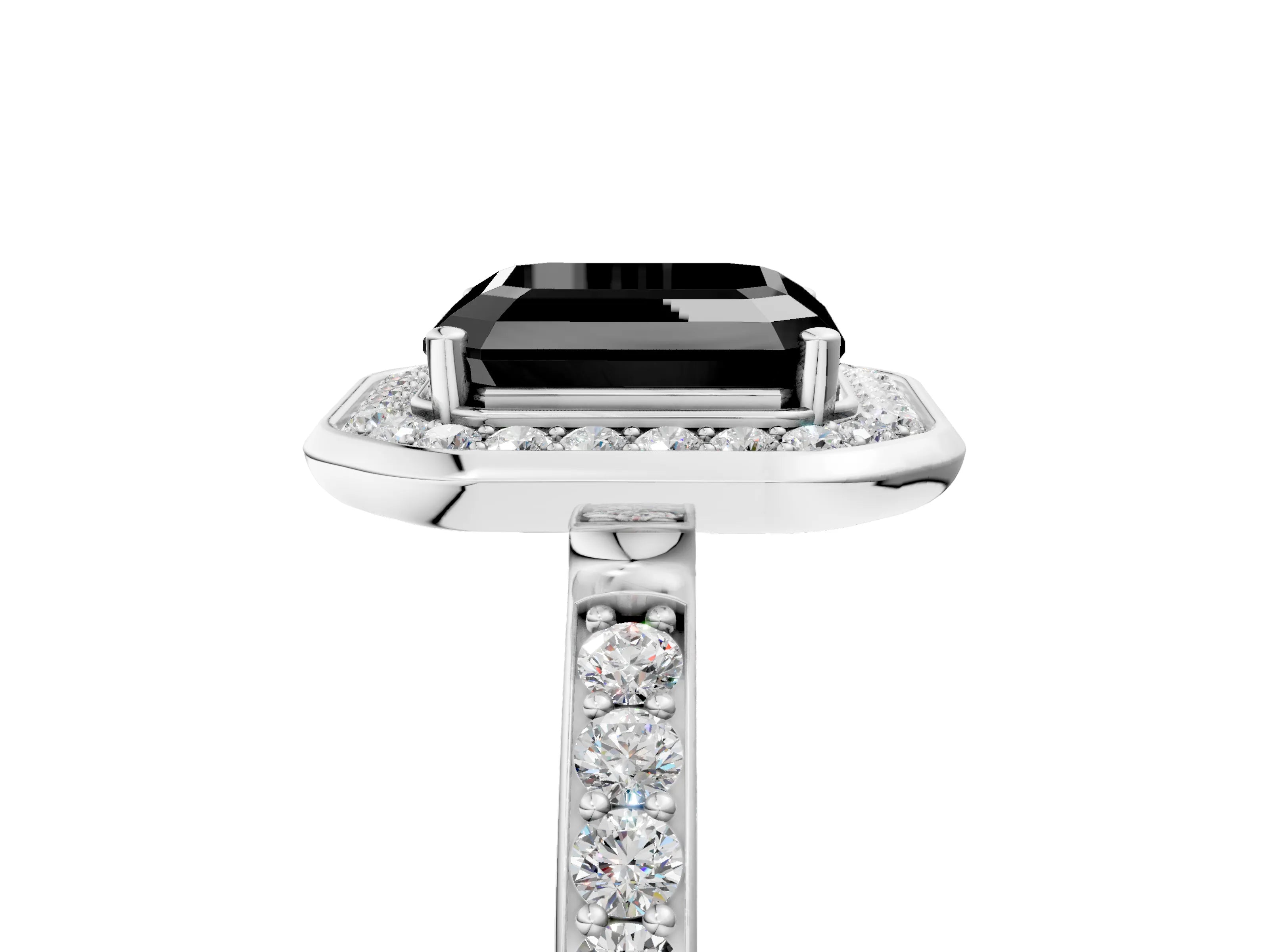 White gold Fancy Black Asscher Cut Diamond Halo Ring with Bezel Frame and Pavé Band_5
