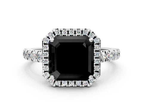 White gold Fancy Black Asscher Cut Diamond Halo Ring with Pavé Band and Four-Prong Setting_12