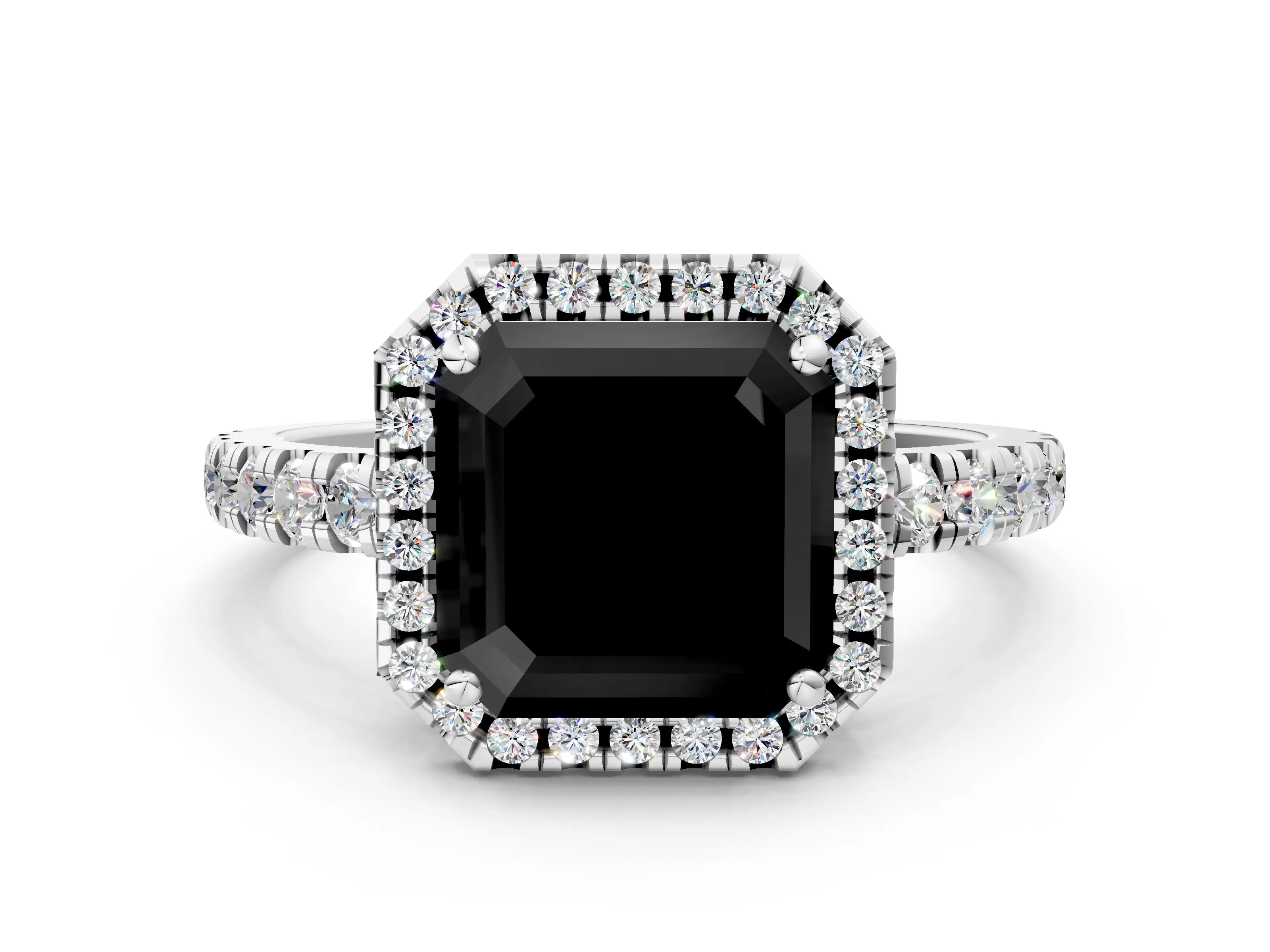 White gold Fancy Black Asscher Cut Diamond Halo Ring with Pavé Band and Four-Prong Setting_12