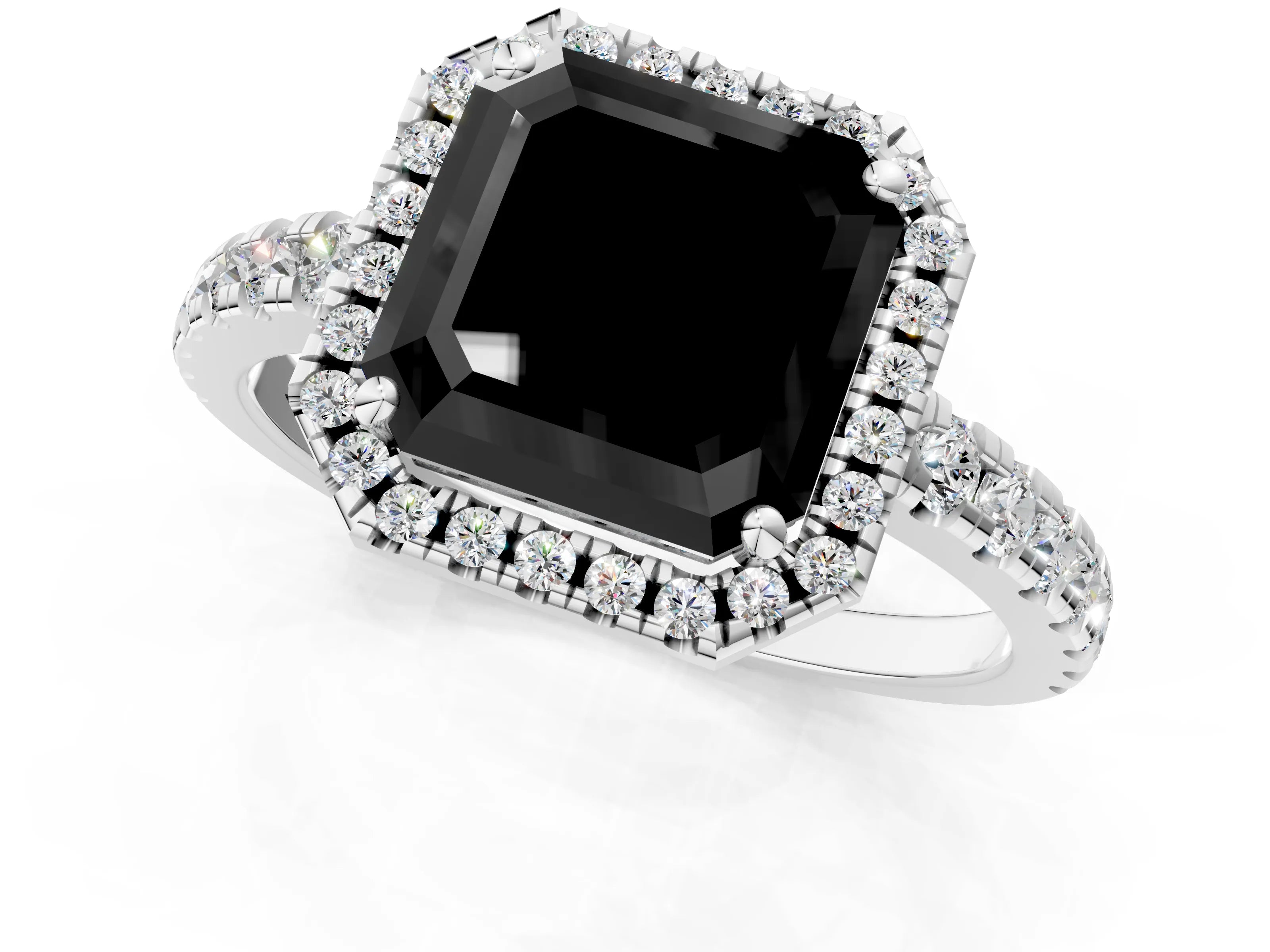 White gold Fancy Black Asscher Cut Diamond Halo Ring with Pavé Band and Four-Prong Setting_13