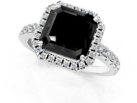 White gold Fancy Black Asscher Cut Diamond Halo Ring with Pavé Band and Four-Prong Setting_13