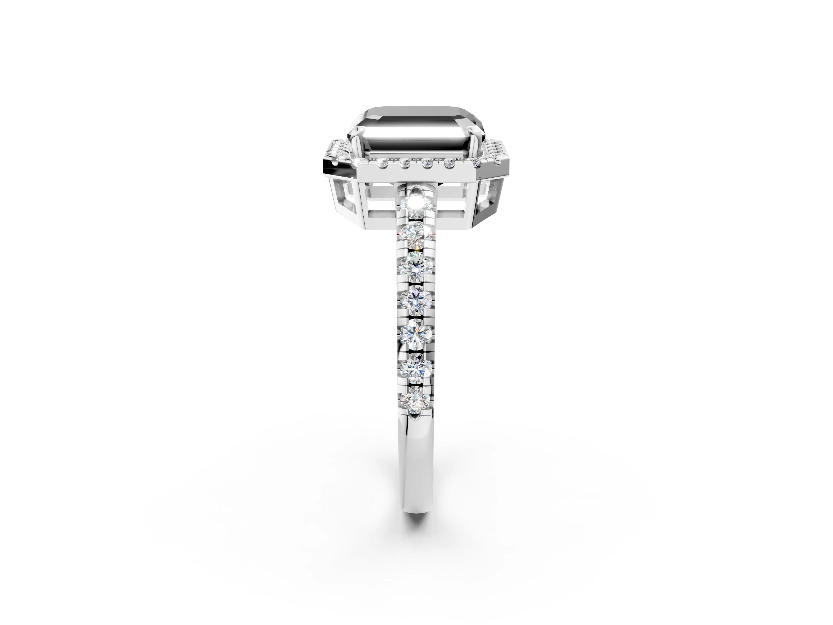 White gold Fancy Black Asscher Cut Diamond Halo Ring with Pavé Band and Four-Prong Setting_14