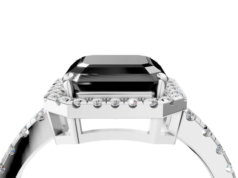 White gold Fancy Black Asscher Cut Diamond Halo Ring with Pavé Band and Four-Prong Setting_16