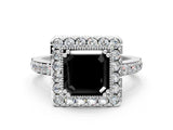 White gold Fancy Black Asscher Cut Diamond Halo Ring with Pavé Band and Prong Setting