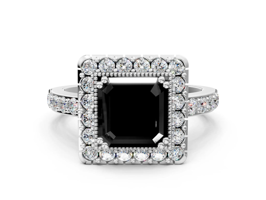 White gold Fancy Black Asscher Cut Diamond Halo Ring with Pavé Band and Prong Setting_12