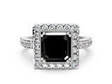 White gold Fancy Black Asscher Cut Diamond Halo Ring with Pavé Band and Prong Setting_12