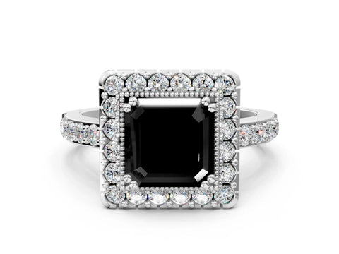 White gold Fancy Black Asscher Cut Diamond Halo Ring with Pavé Band and Prong Setting_12