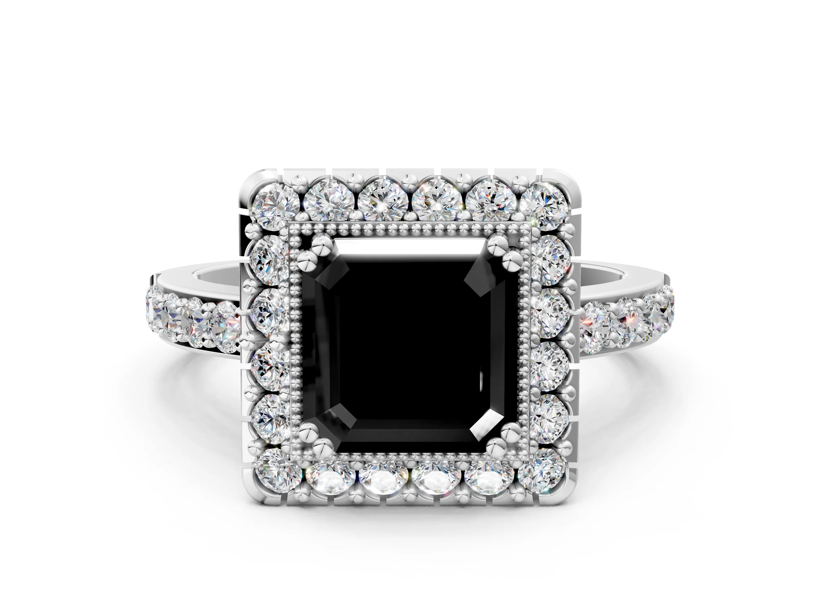White gold Fancy Black Asscher Cut Diamond Halo Ring with Pavé Band and Prong Setting_12