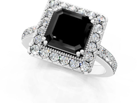 White gold Fancy Black Asscher Cut Diamond Halo Ring with Pavé Band and Prong Setting_13