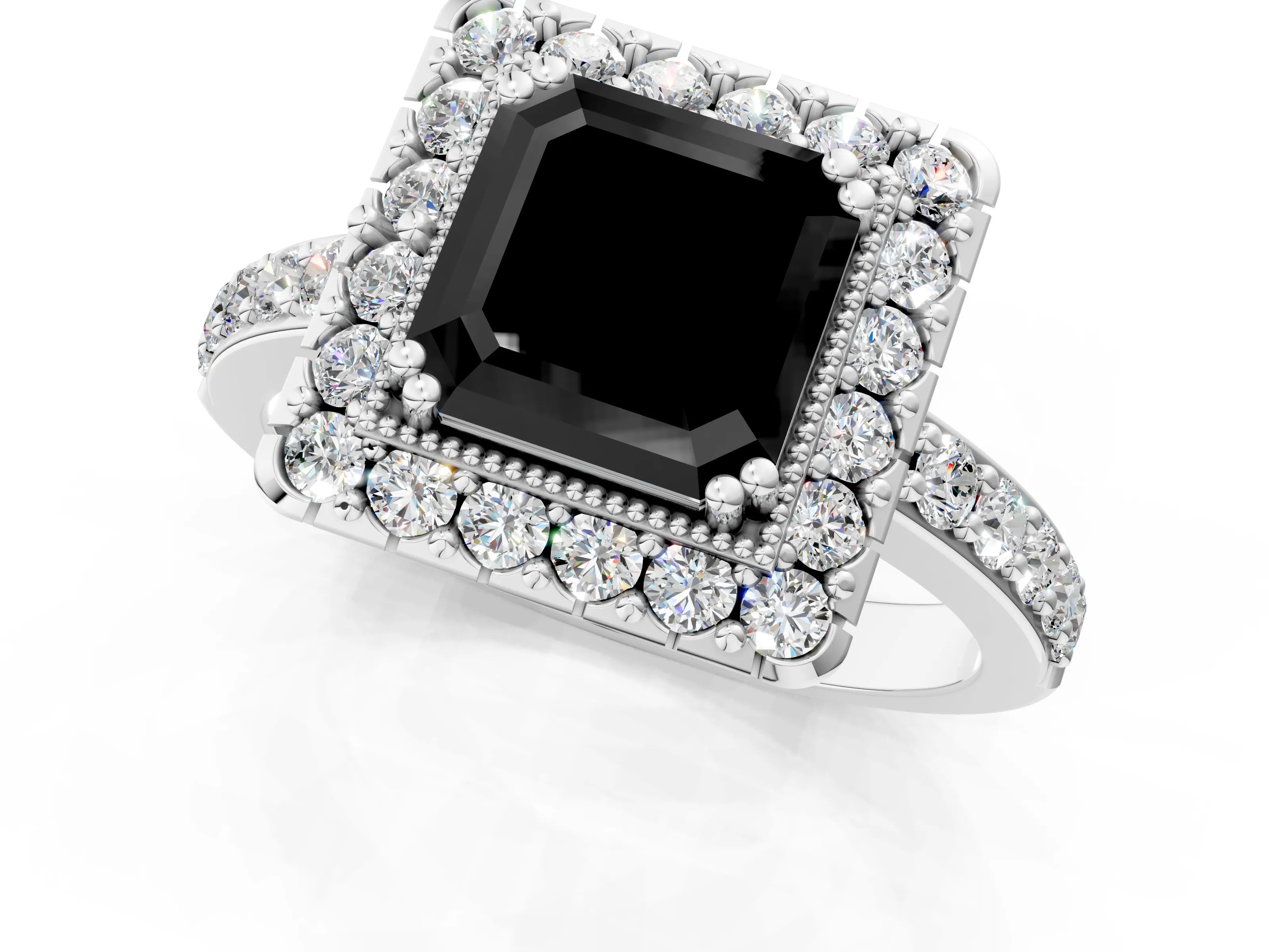 White gold Fancy Black Asscher Cut Diamond Halo Ring with Pavé Band and Prong Setting_13