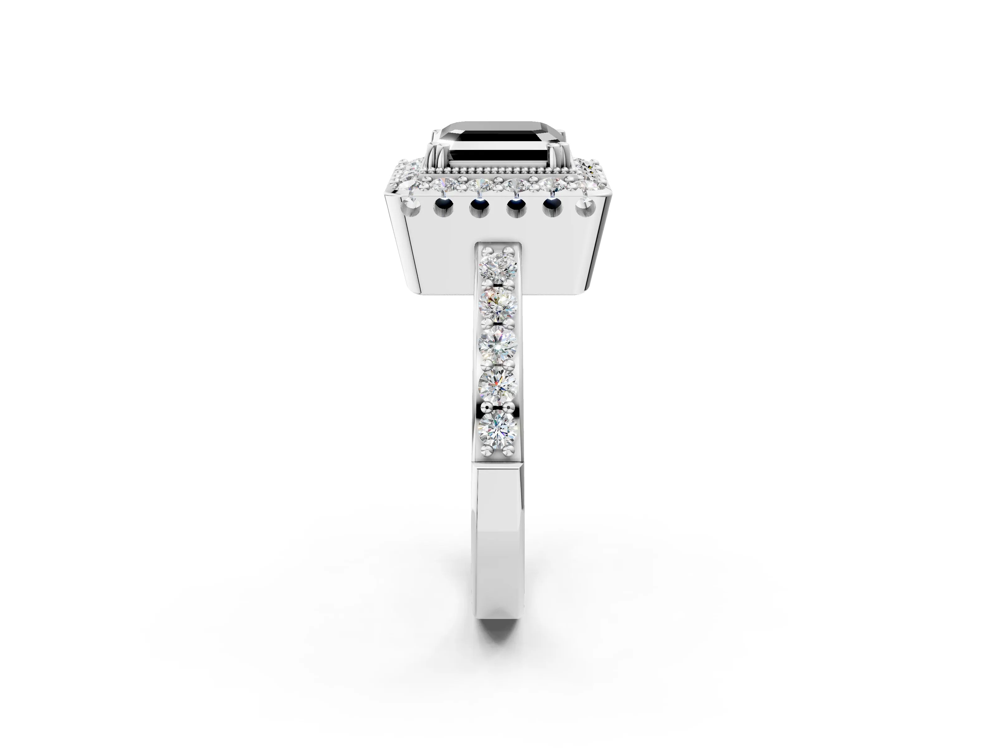 White gold Fancy Black Asscher Cut Diamond Halo Ring with Pavé Band and Prong Setting_14