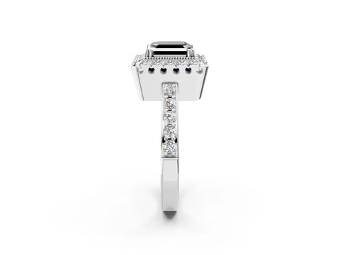 White gold Fancy Black Asscher Cut Diamond Halo Ring with Pavé Band and Prong Setting_14