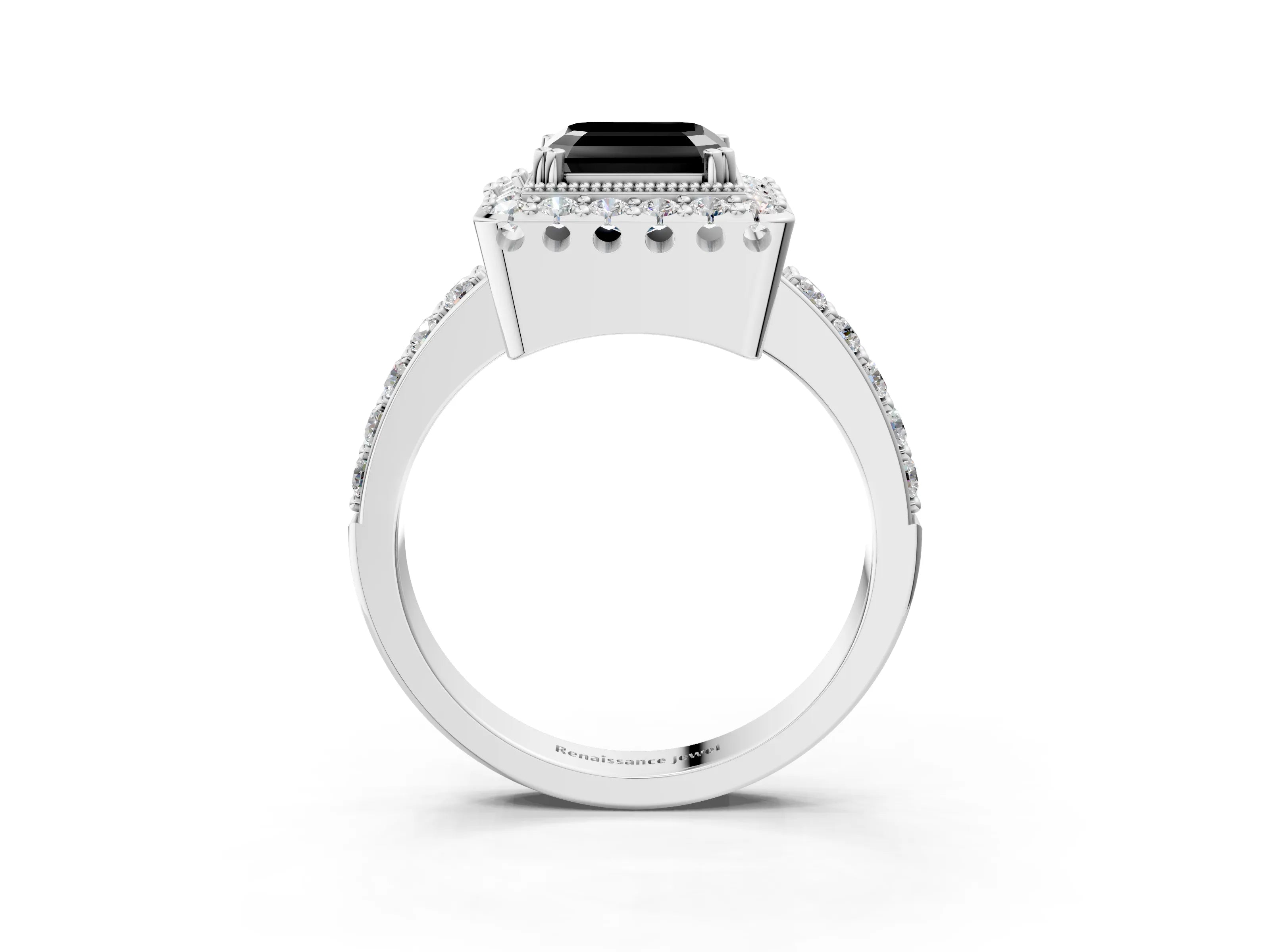 White gold Fancy Black Asscher Cut Diamond Halo Ring with Pavé Band and Prong Setting_15