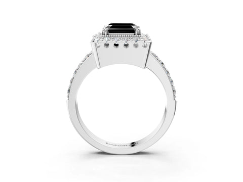 White gold Fancy Black Asscher Cut Diamond Halo Ring with Pavé Band and Prong Setting_15