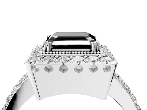 White gold Fancy Black Asscher Cut Diamond Halo Ring with Pavé Band and Prong Setting_16