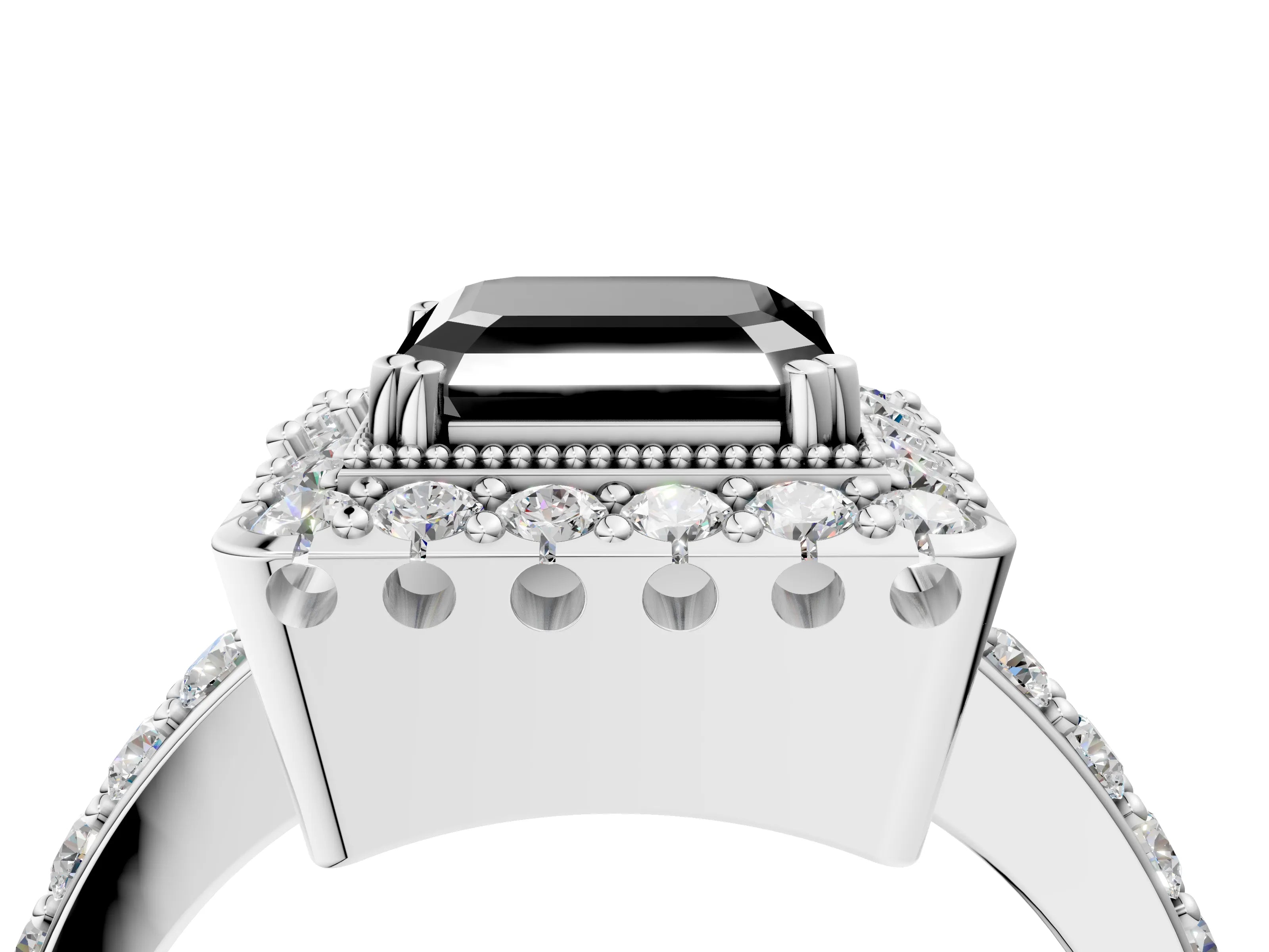 White gold Fancy Black Asscher Cut Diamond Halo Ring with Pavé Band and Prong Setting_16