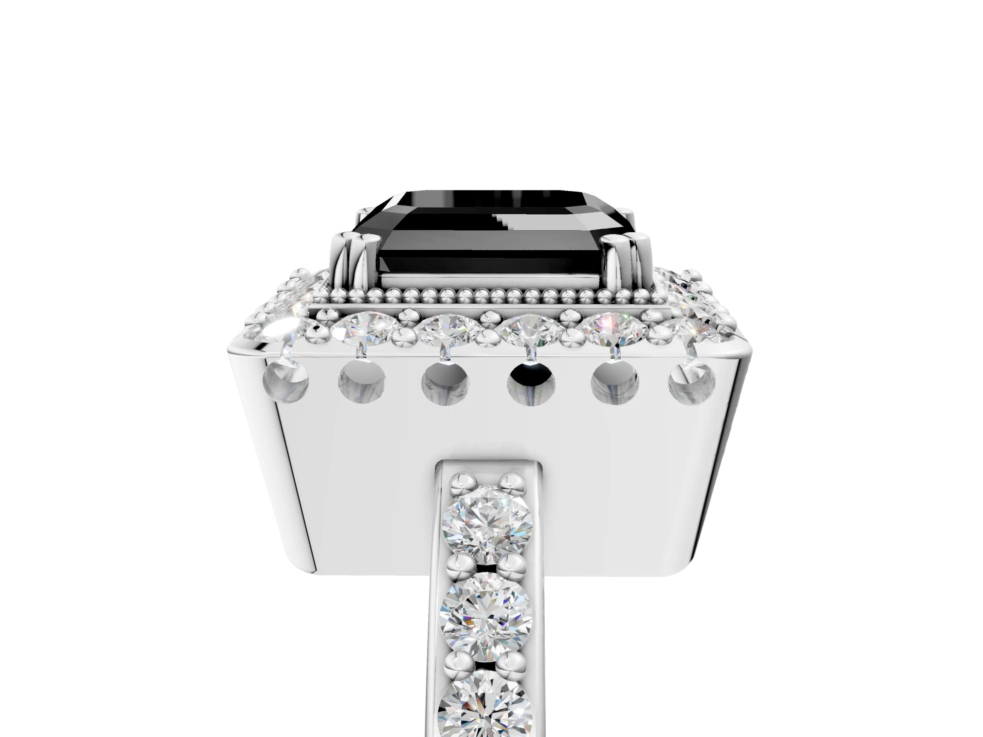 White gold Fancy Black Asscher Cut Diamond Halo Ring with Pavé Band and Prong Setting_17