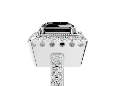 White gold Fancy Black Asscher Cut Diamond Halo Ring with Pavé Band and Prong Setting_17
