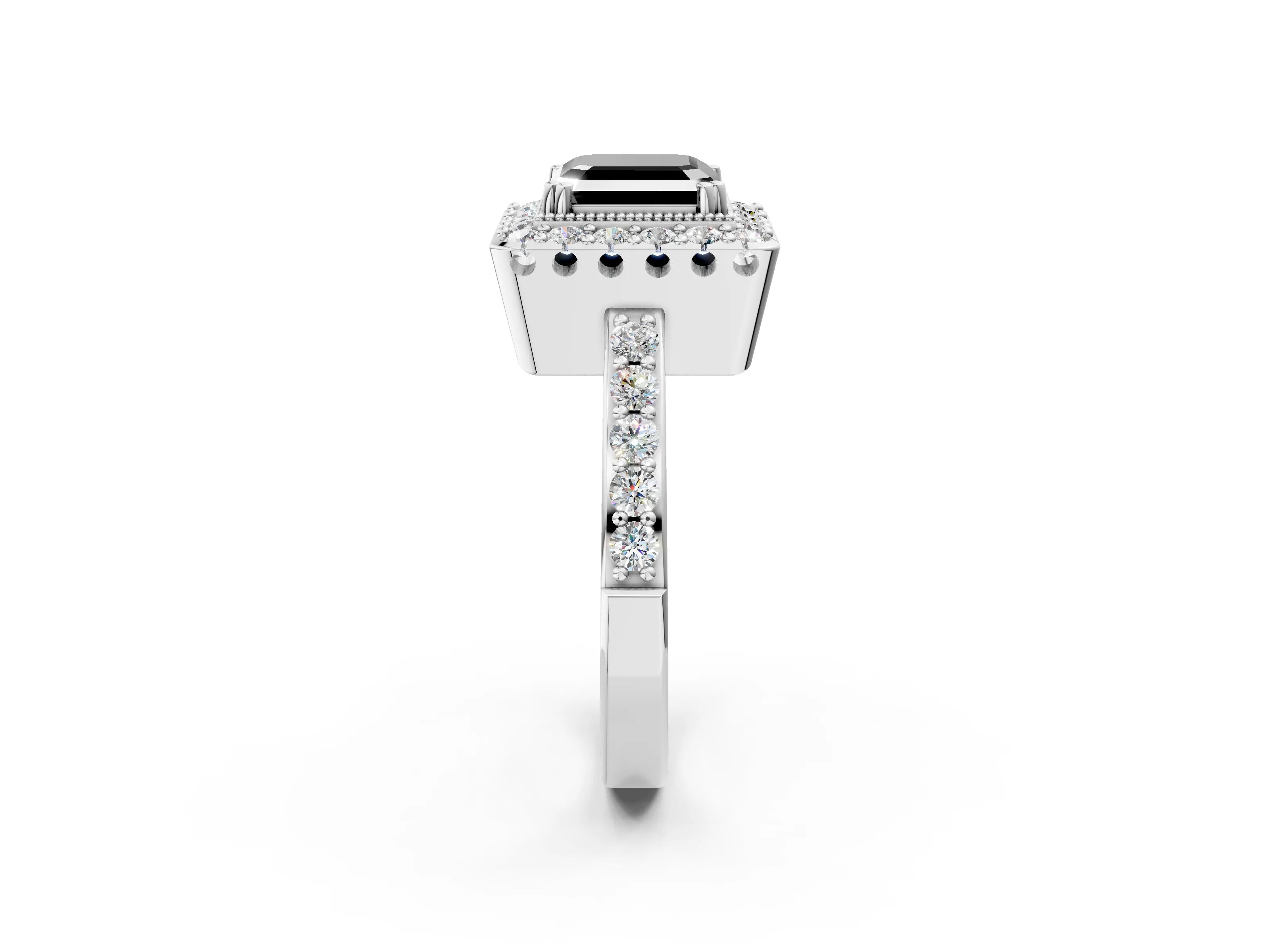 White gold Fancy Black Asscher Cut Diamond Halo Ring with Pavé Band and Prong Setting_2